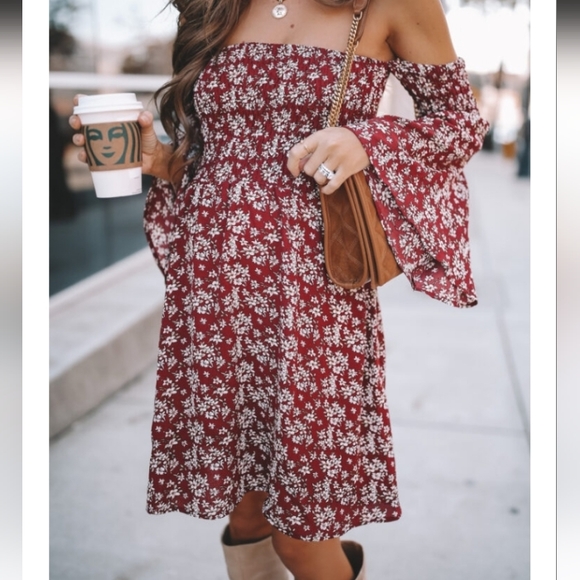 Boho Mini Dress | Red Floral Print | Small - Picture 2 of 6